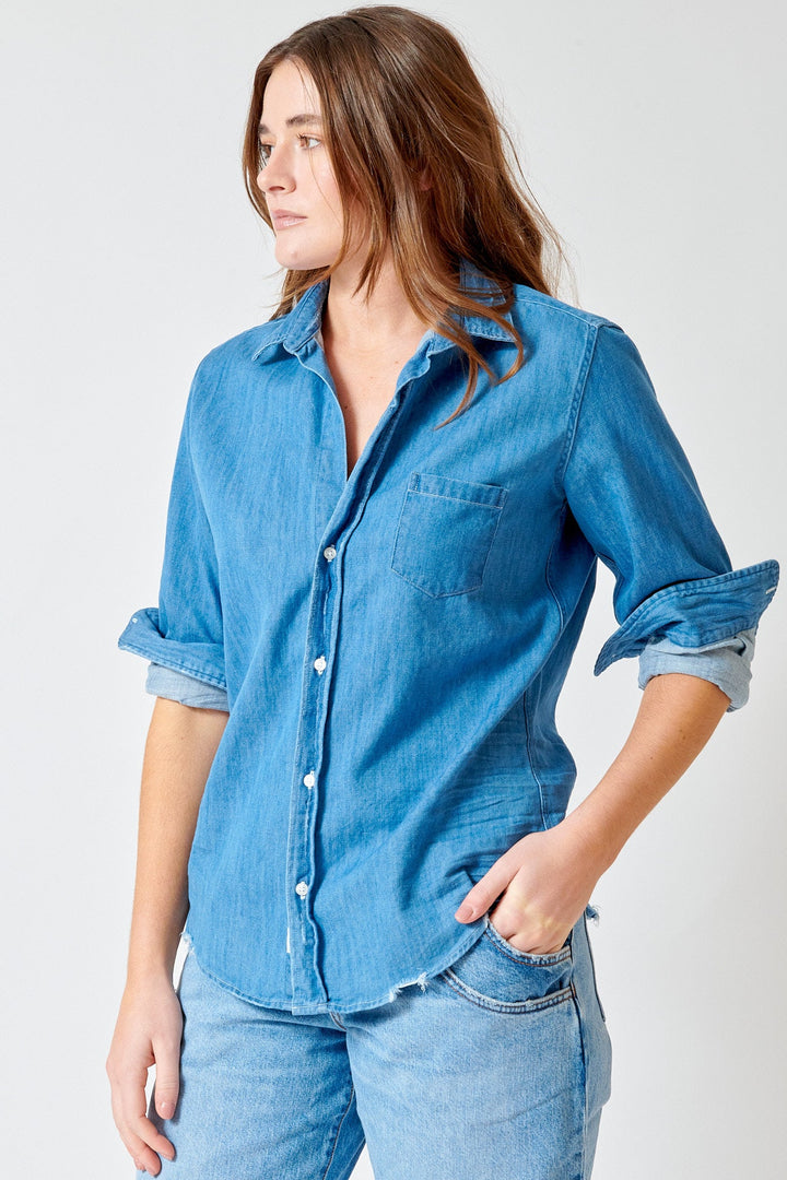 Julia wearing Frank & Eileen Barry Tailored Button Up Shirt front view