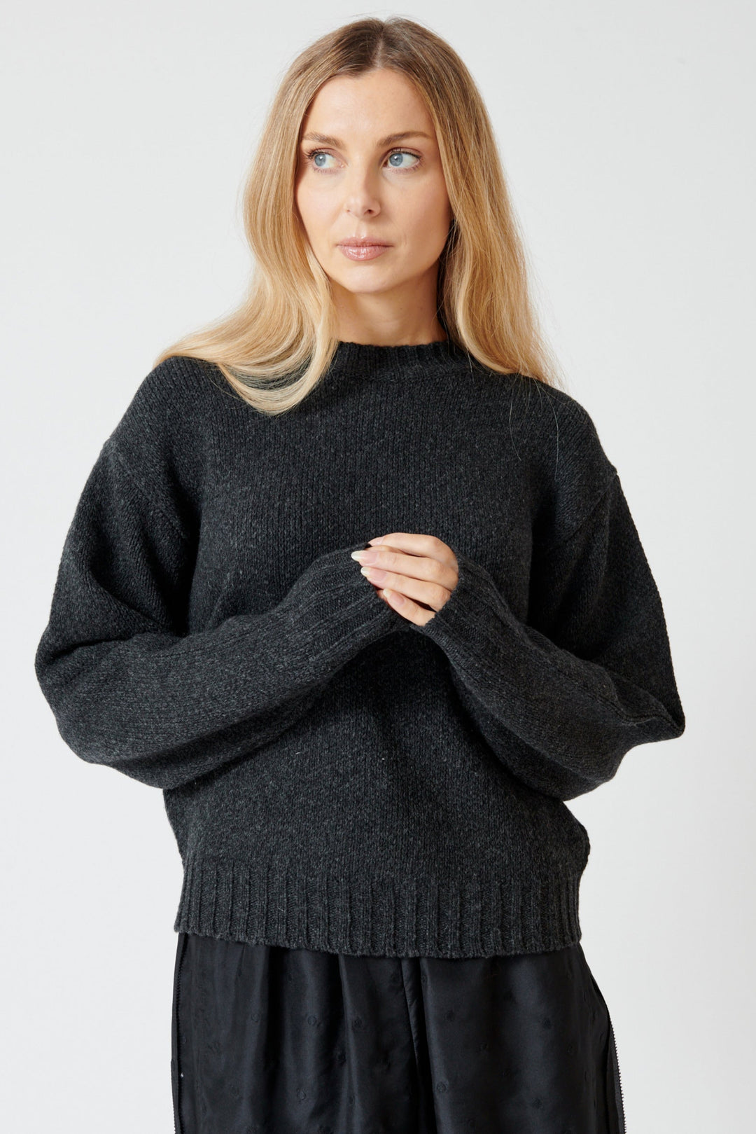 Mari wearing 6397 High Crew Pullover front view
