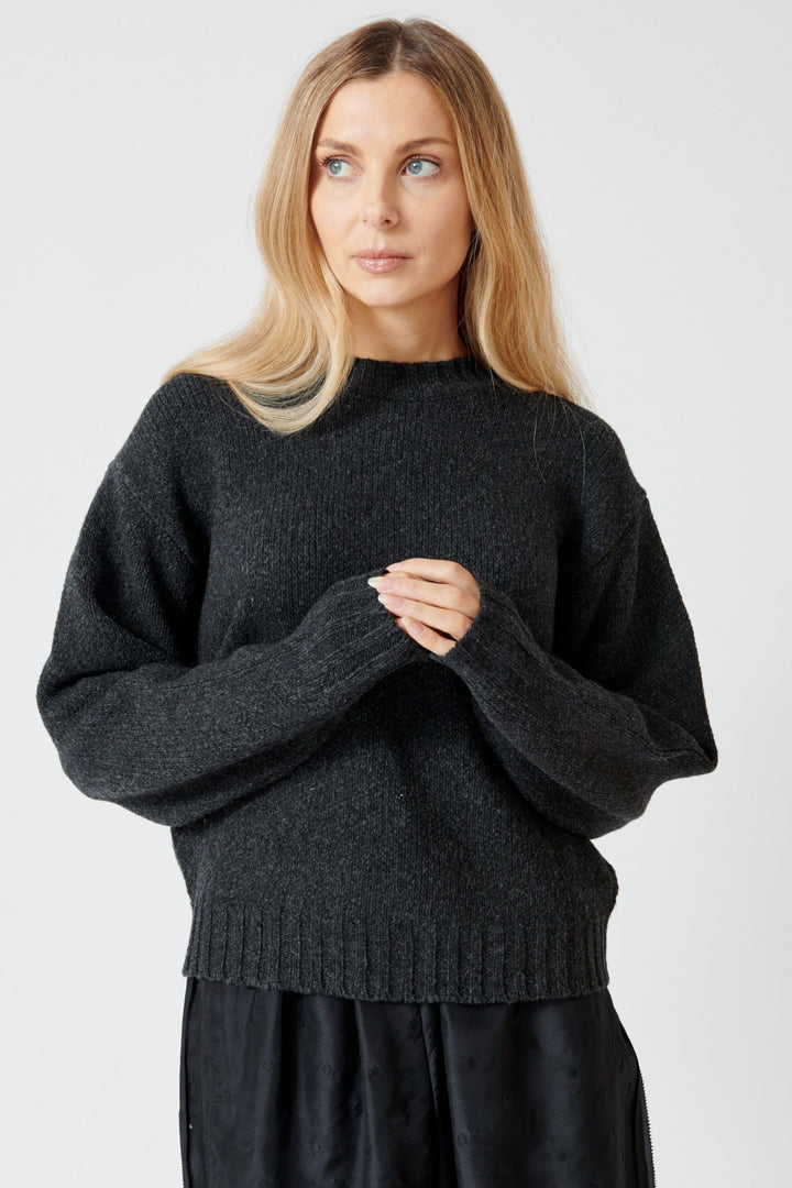 Mari wearing 6397 High Crew Pullover front view