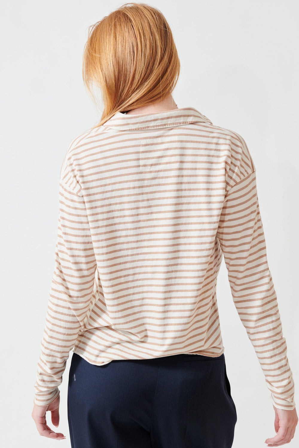 Aysia wearing Frank & Eileen Patrick Popover Henley Top rear view