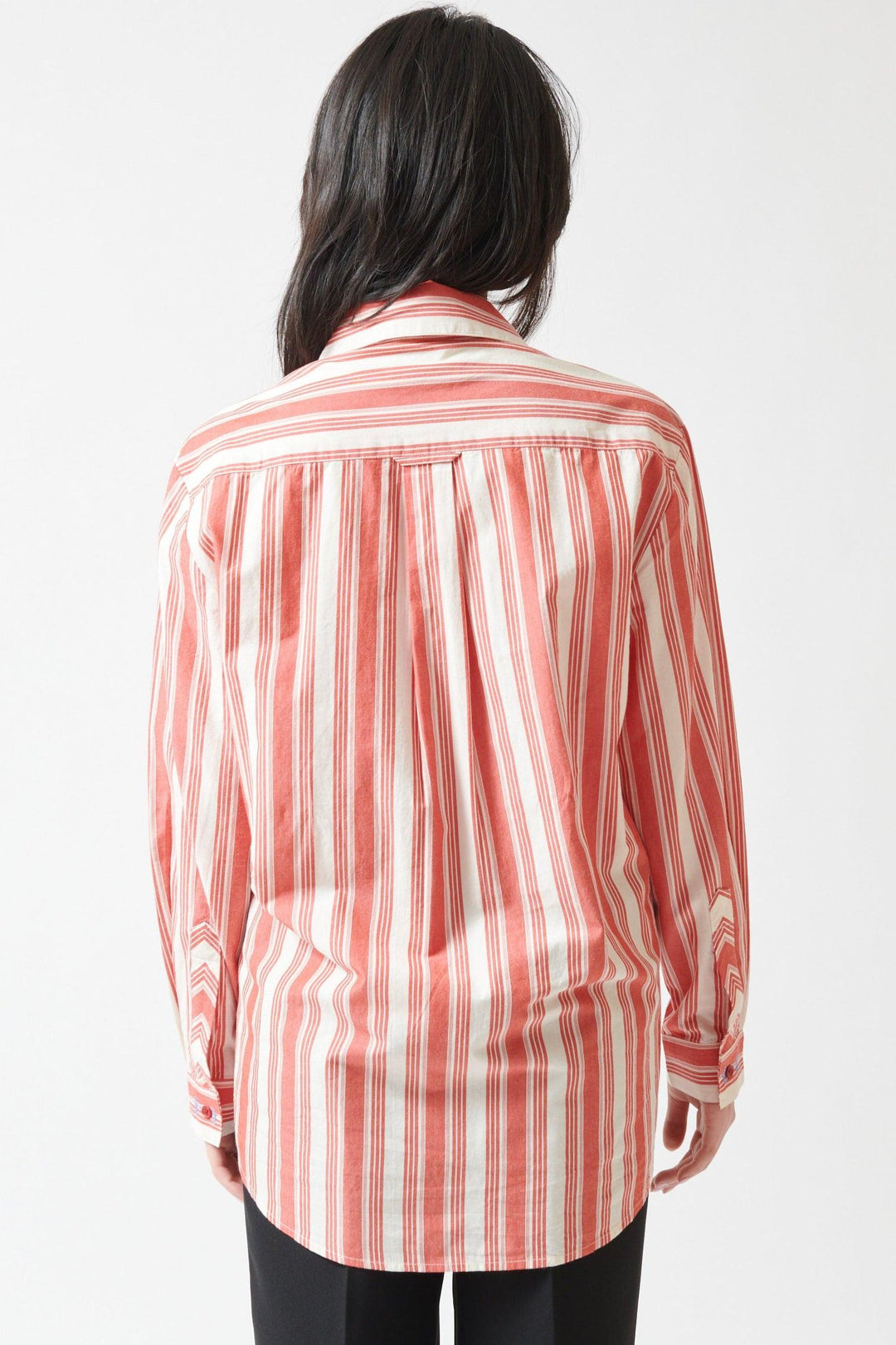 Lilly wearing Stine Goya Striped Embroidered Cotton Loose Long Sleeve Shirt rear view