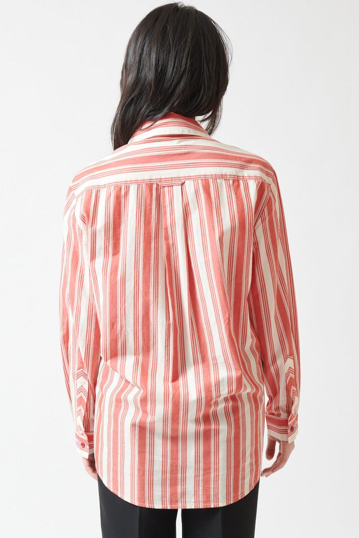 Lilly wearing Stine Goya Striped Embroidered Cotton Loose Long Sleeve Shirt rear view