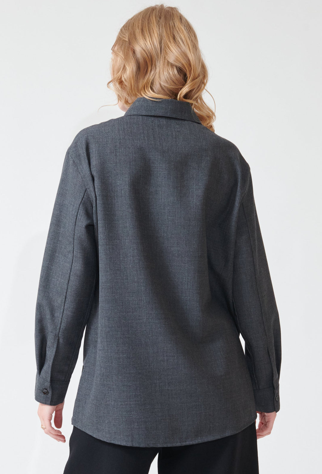 Madi wearing Studio Nicolson Pinole Half Placket Shirt rear view