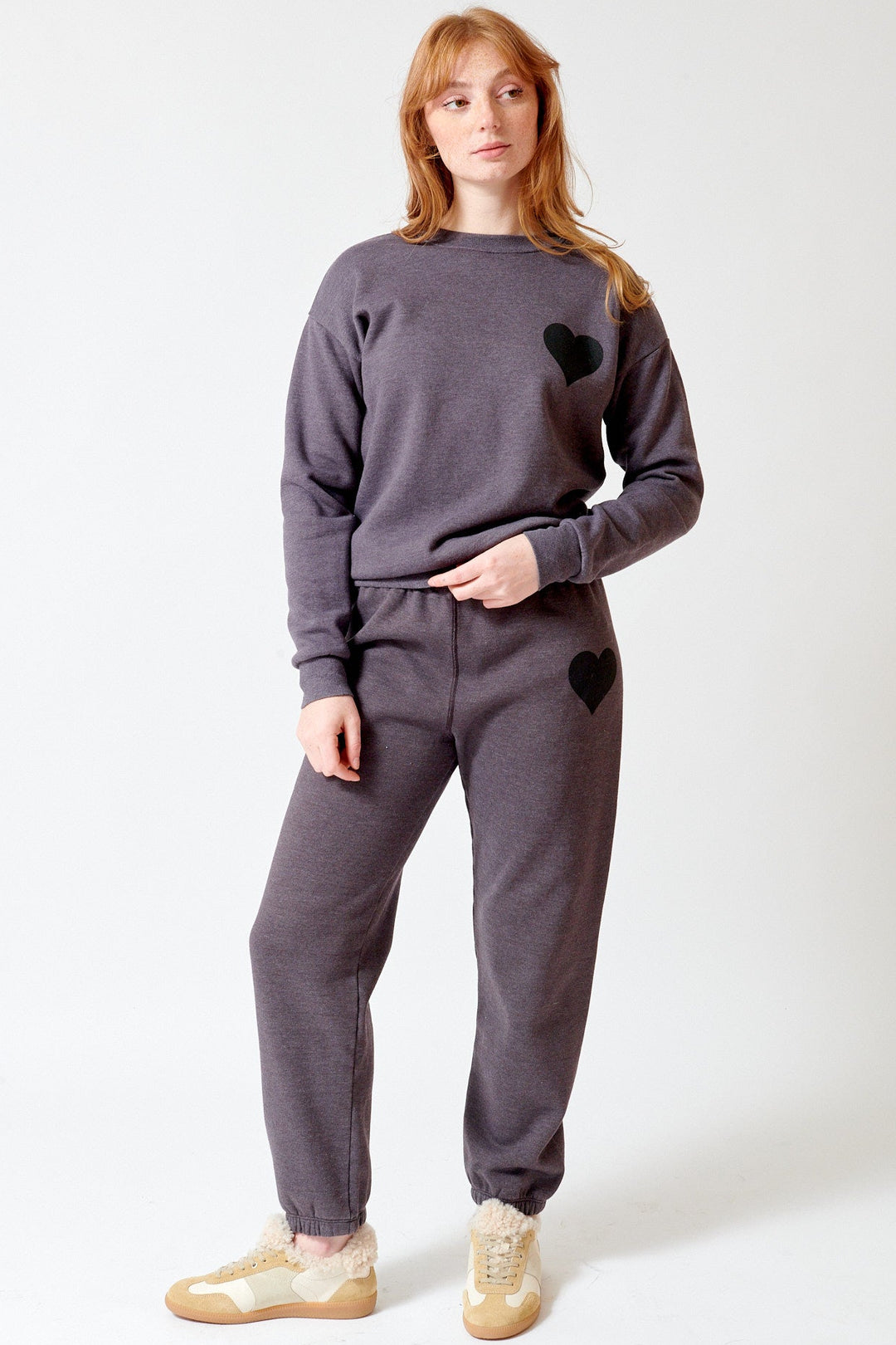 Waverly wearing SPRWMN Heart Sweatpants front view