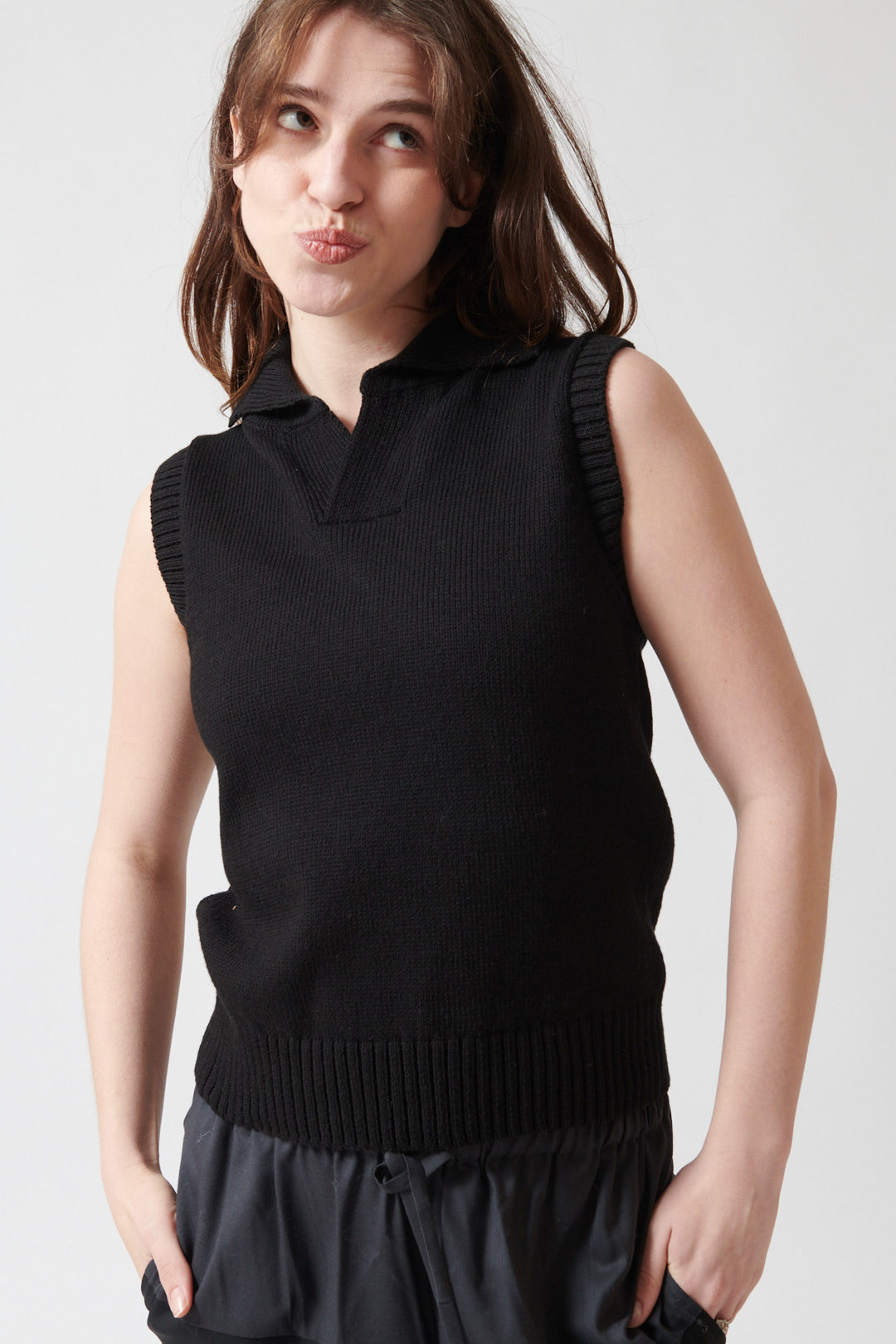 Sophie wearing 6397 Polo Vest front view