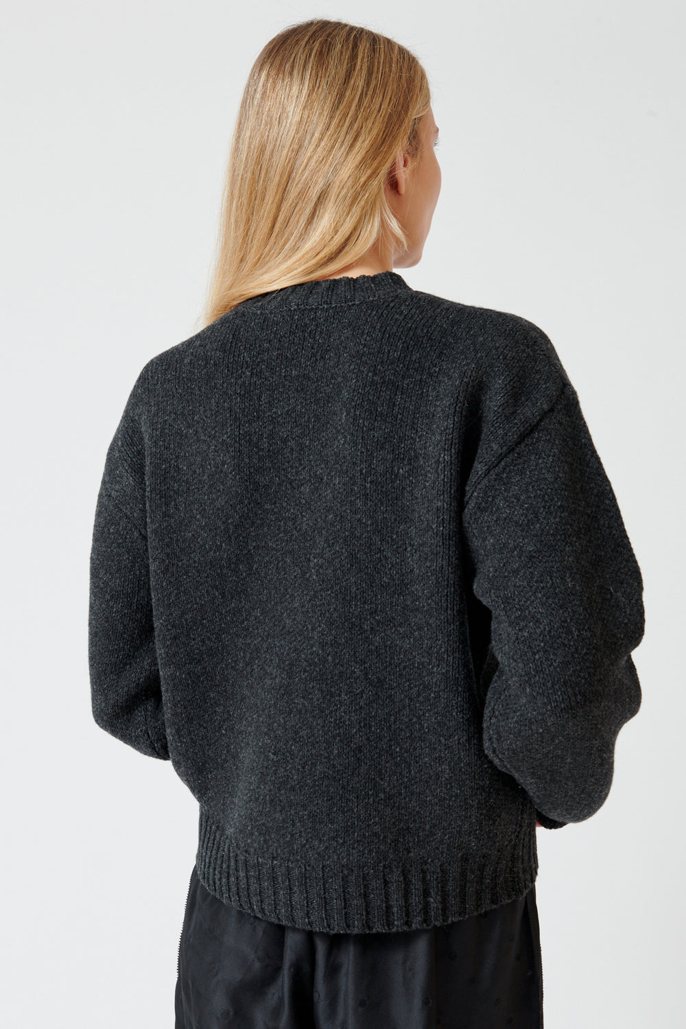 Mari wearing 6397 High Crew Pullover rear view