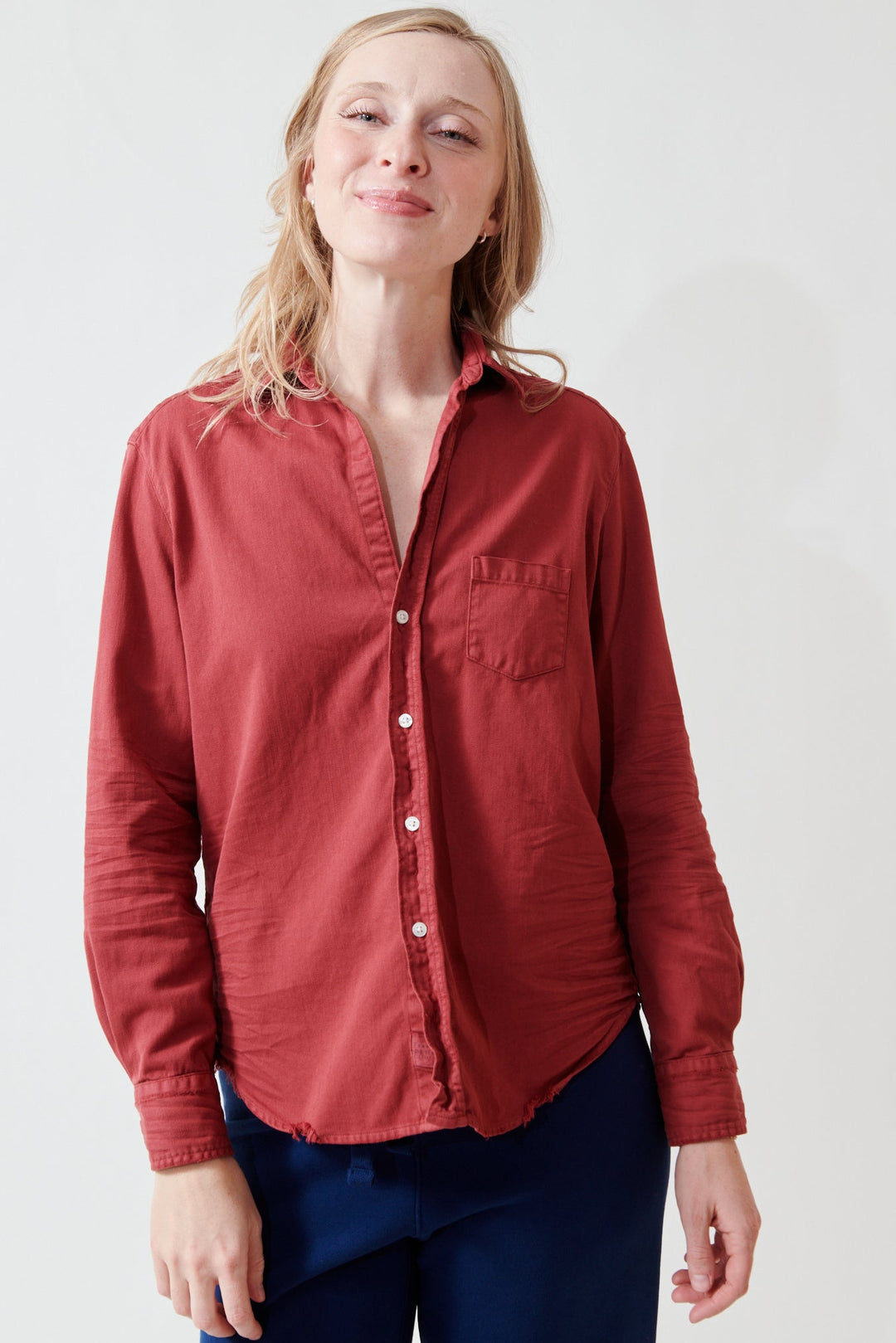 Madi wearing Frank & Eileen Eileen Relaxed Button Up Shirt front view
