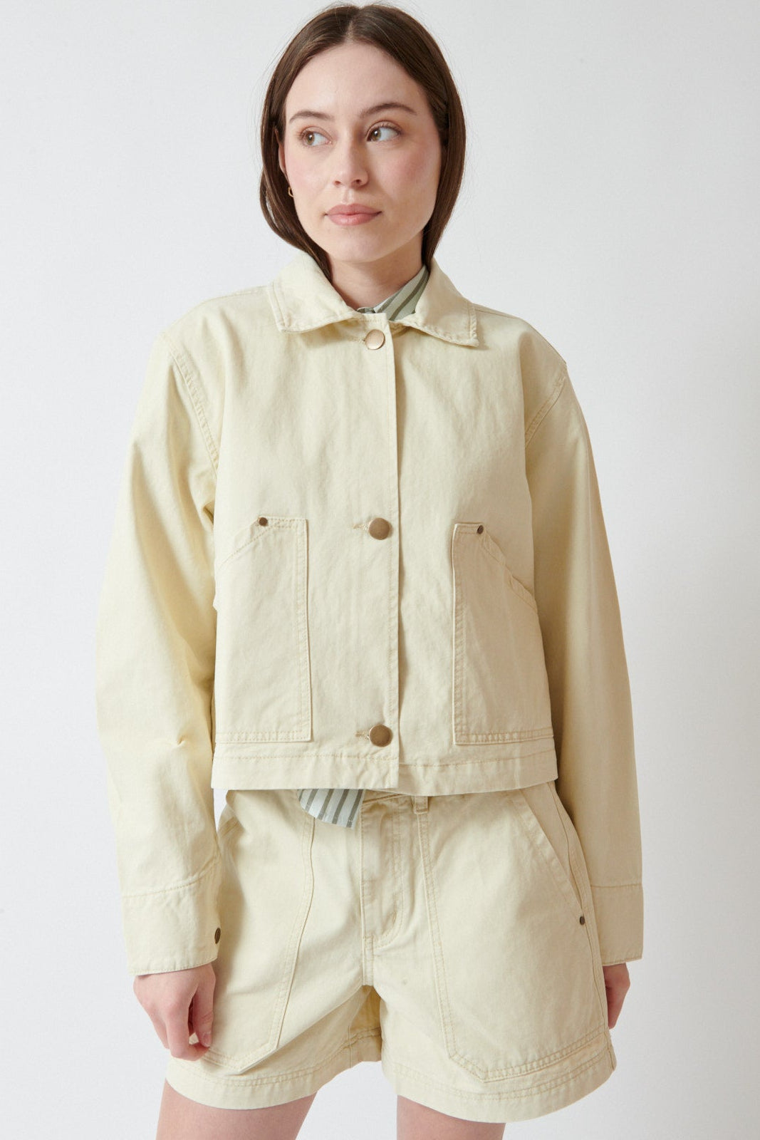 Angela wearing Lilla P Twill Utility Jacket front view