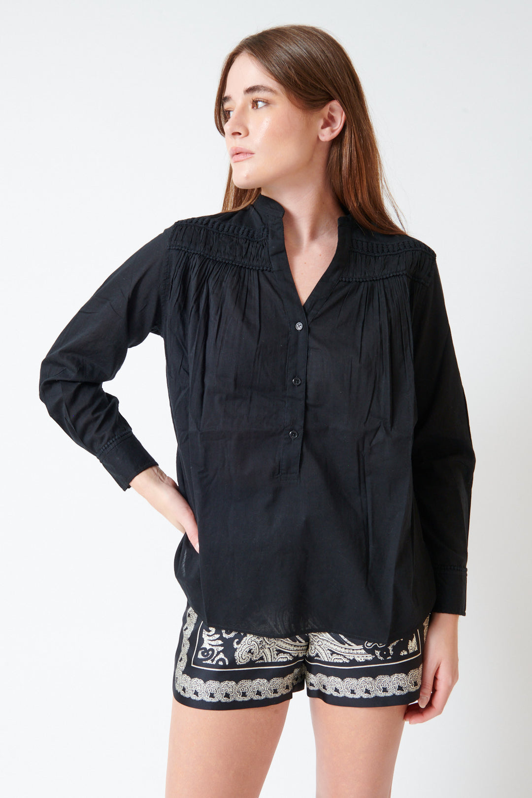 Julia wearing Nili Lotan Clarys Top front view
