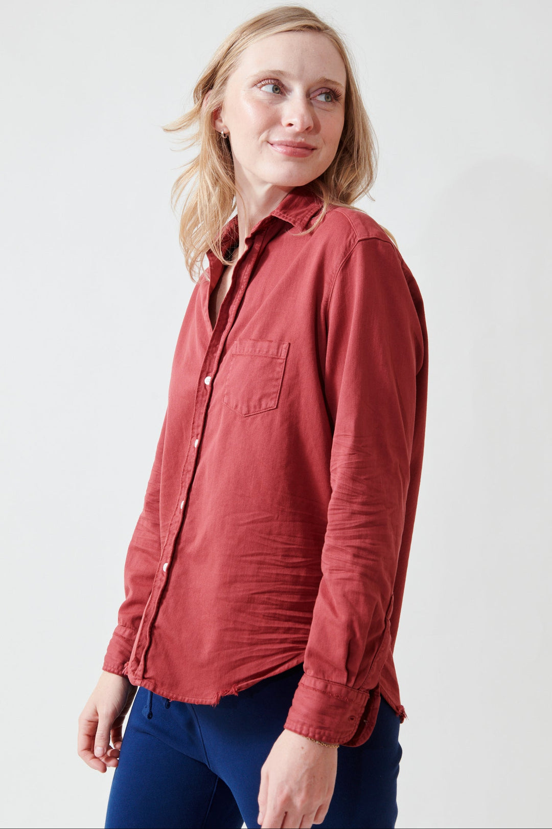 Madi wearing Frank & Eileen Eileen Relaxed Button Up Shirt front view