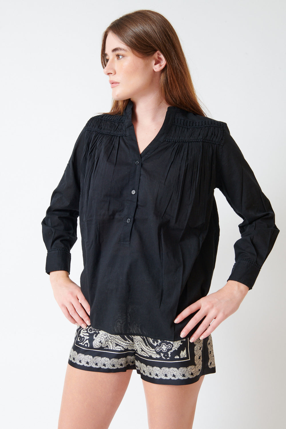 Julia wearing Nili Lotan Clarys Top front view