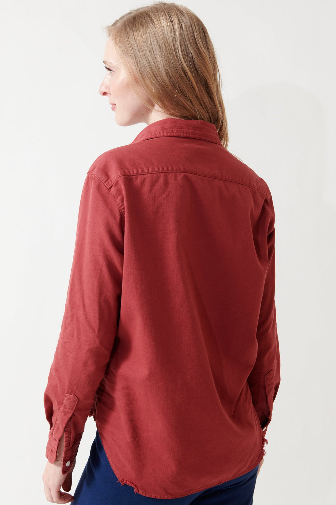 Madi wearing Frank & Eileen Eileen Relaxed Button Up Shirt rear view