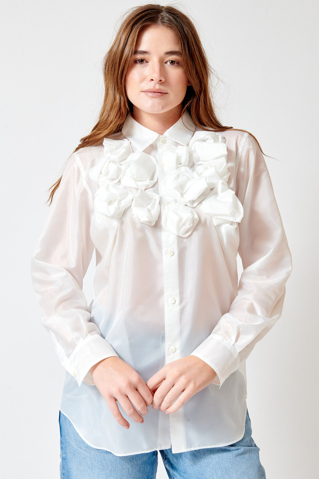 Julia wearing Comme des Garçons Fancy Poly Taffeta Jabot Blouse front view