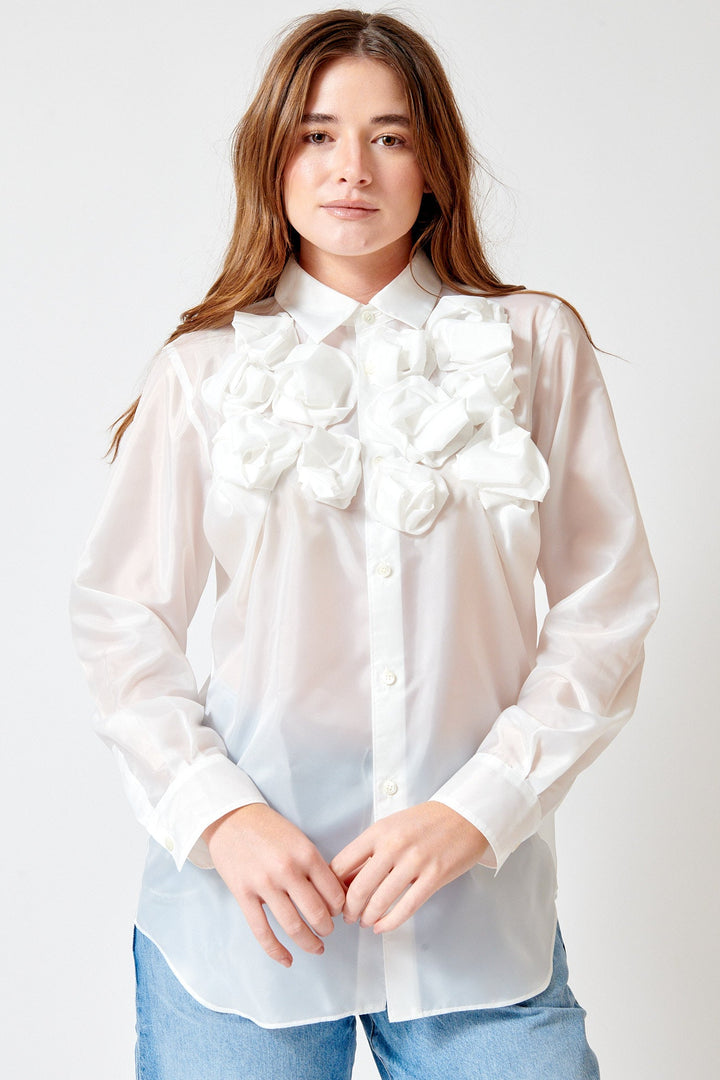 Julia wearing Comme des Garçons Fancy Poly Taffeta Jabot Blouse front view