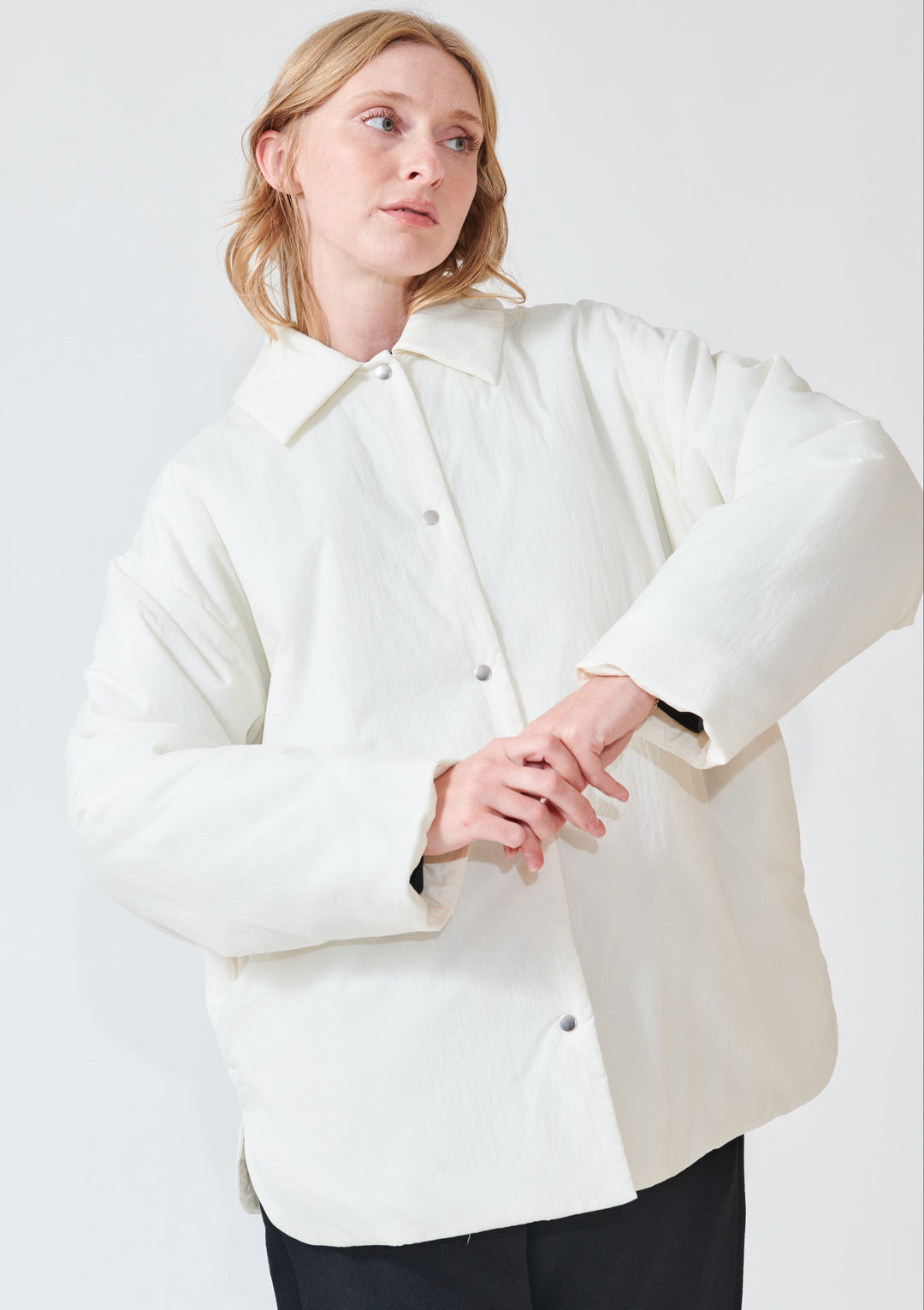Madi weairng Studio Nicolson Togg Padded Overshirt Jacket front view