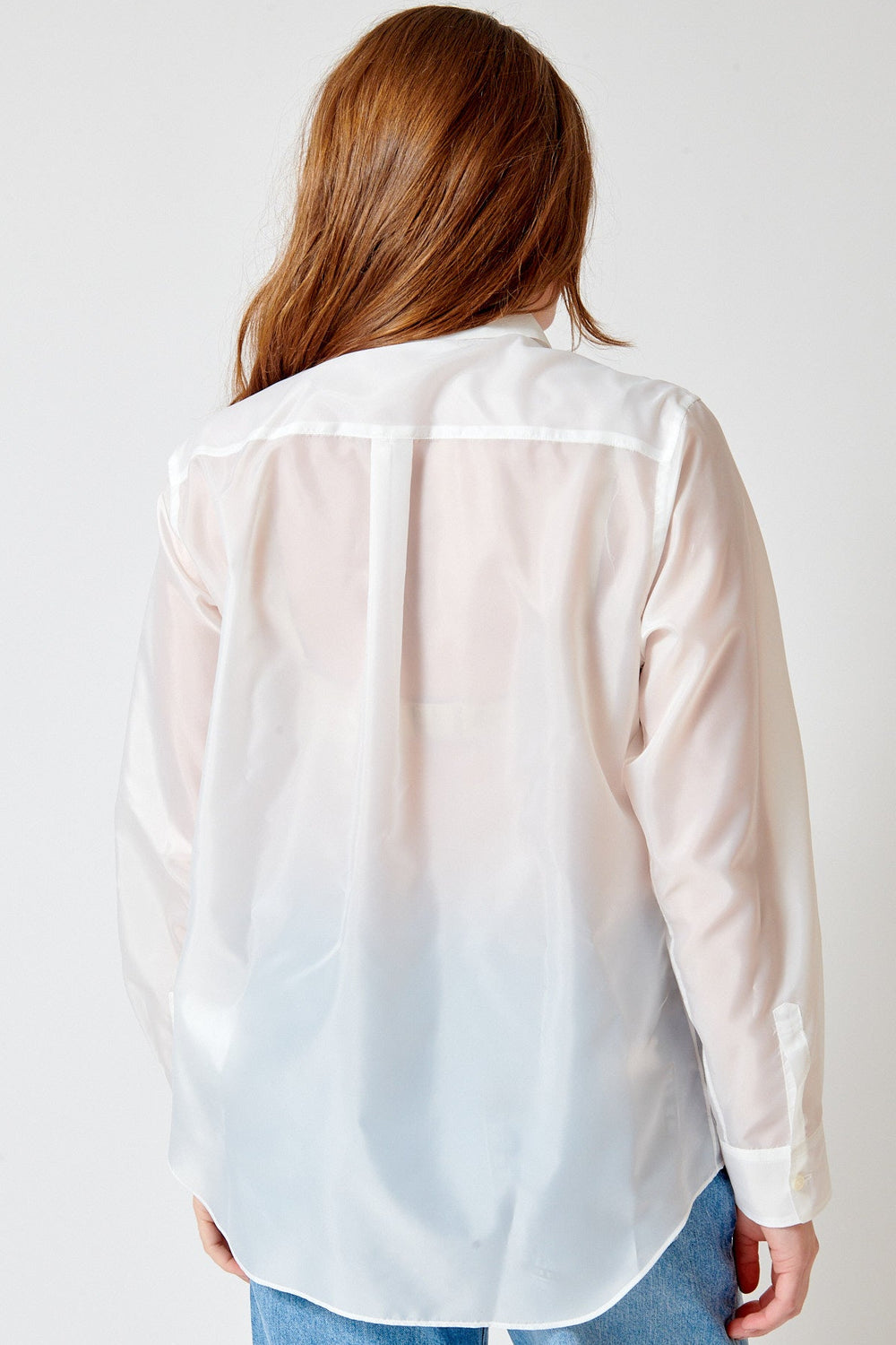 Julia wearing Comme des Garçons Fancy Poly Taffeta Jabot Blouse rear view