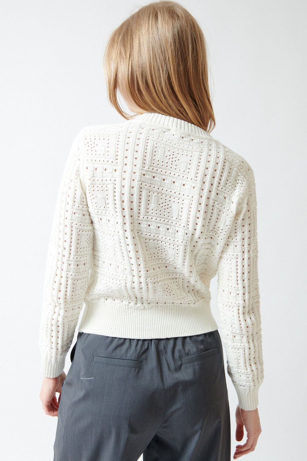 Madi wearing Lilla P Patchwork Stitch Crewneck Sweater rear view