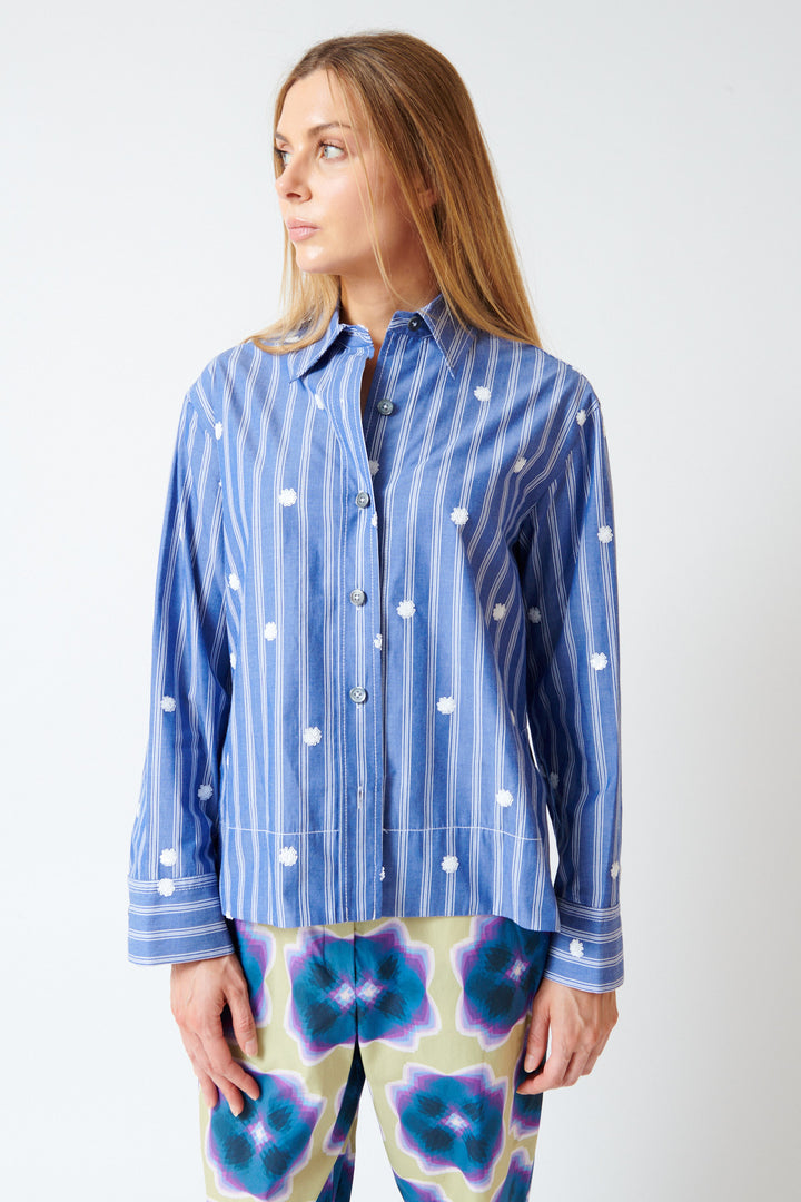 Mari wearing Odeeh Embroidered Stripe Shirt front view