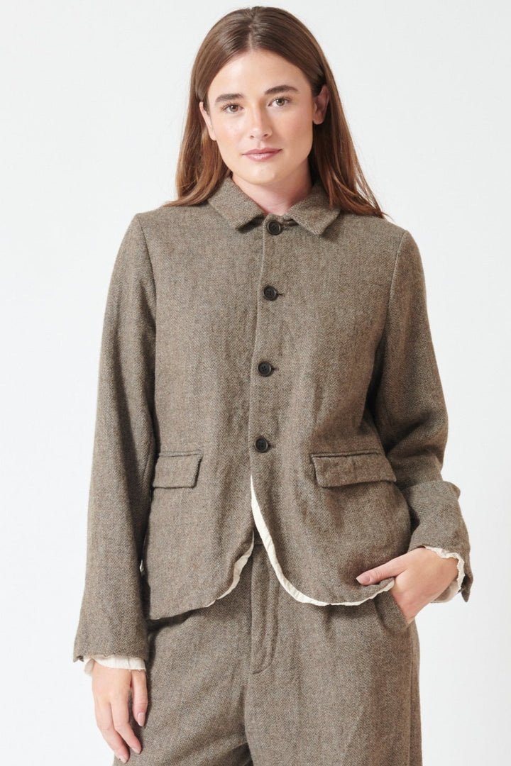 Julia wearing Eco Wool Herringbone Short Jacket Beige front view