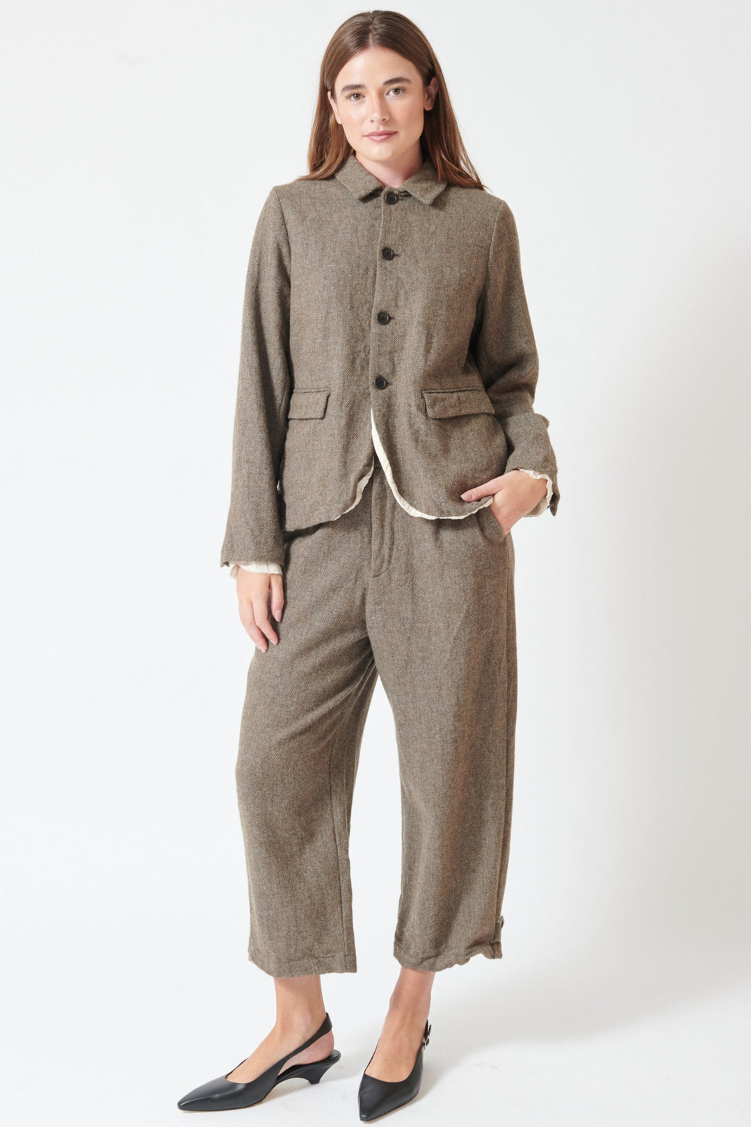 Julia wearing Pas de Calais Eco Wool Herringbone Wide Pants front view
