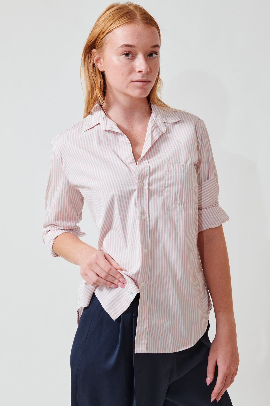 Aysia wearing Frank & Eileen Eileen Relaxed Button Up Shirt front view