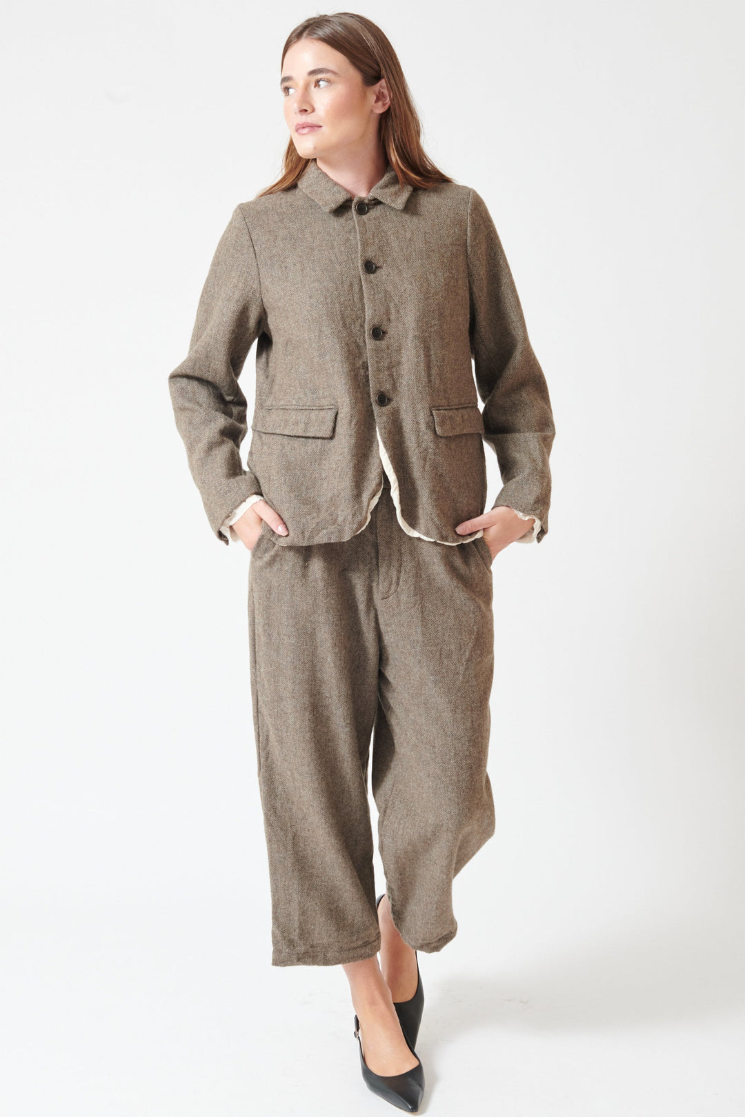 Julia wearing Pas de Calais Eco Wool Herringbone Wide Pants front view