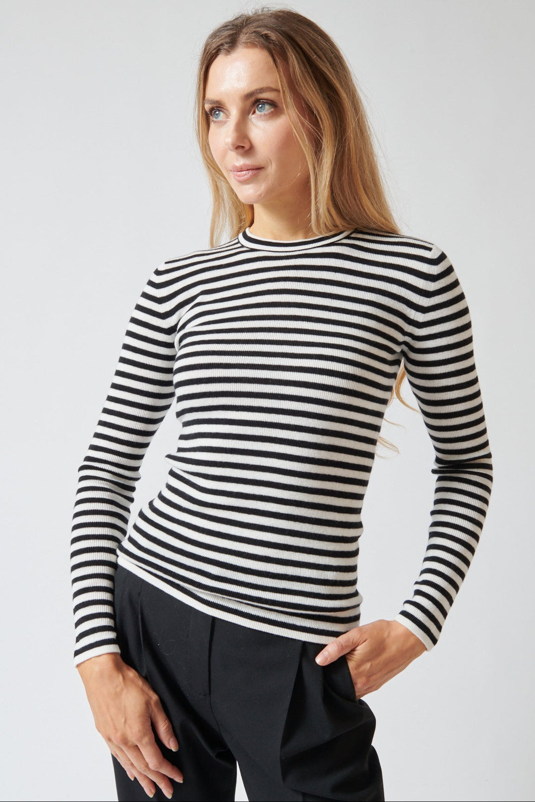 Mari wearing Lisa Yang Vivian Stripes Top front view