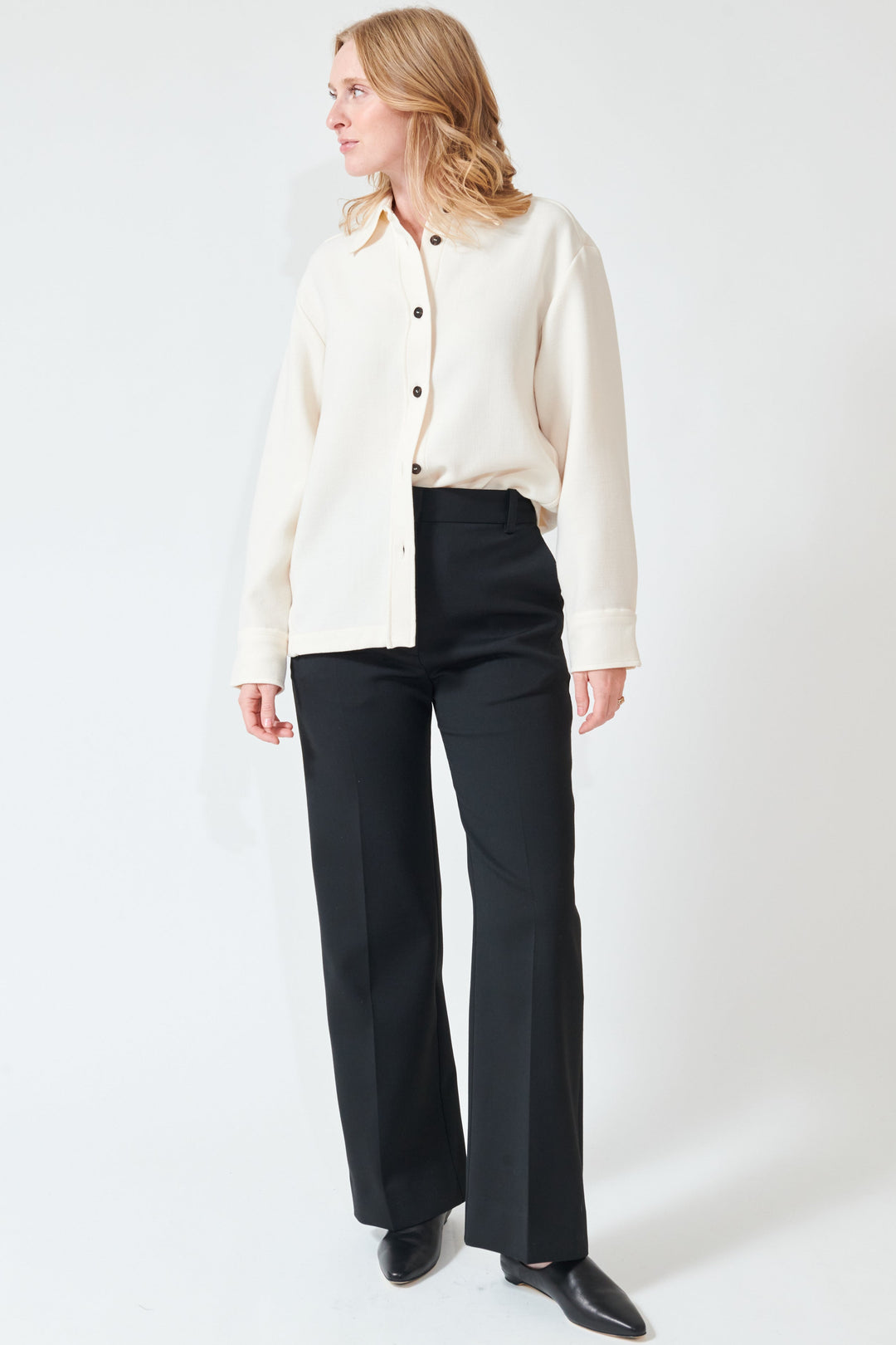 Madi wearing Studio Nicolson Holm Straight Leg Pant front view