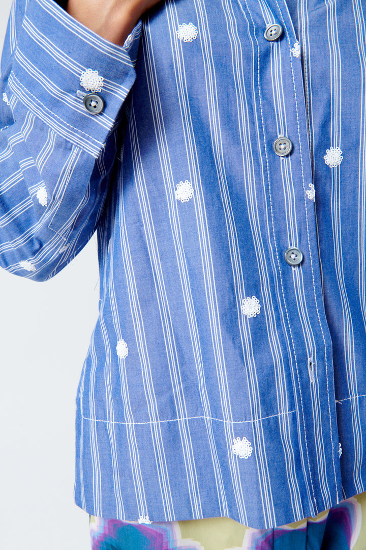 Mari wearing Odeeh Embroidered Stripe Shirt front/detail view