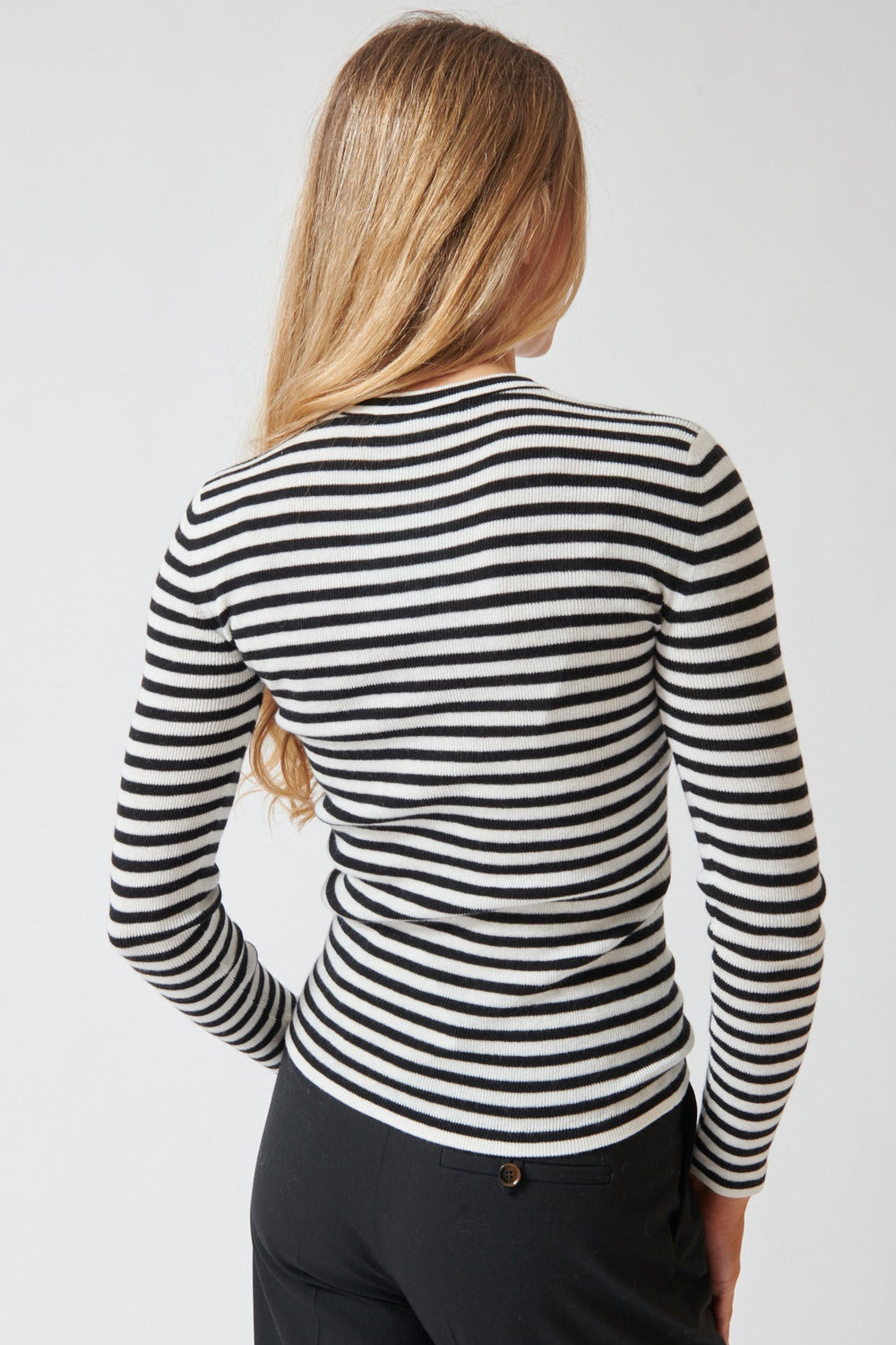 Mari wearing Lisa Yang Vivian Stripes Top rear view