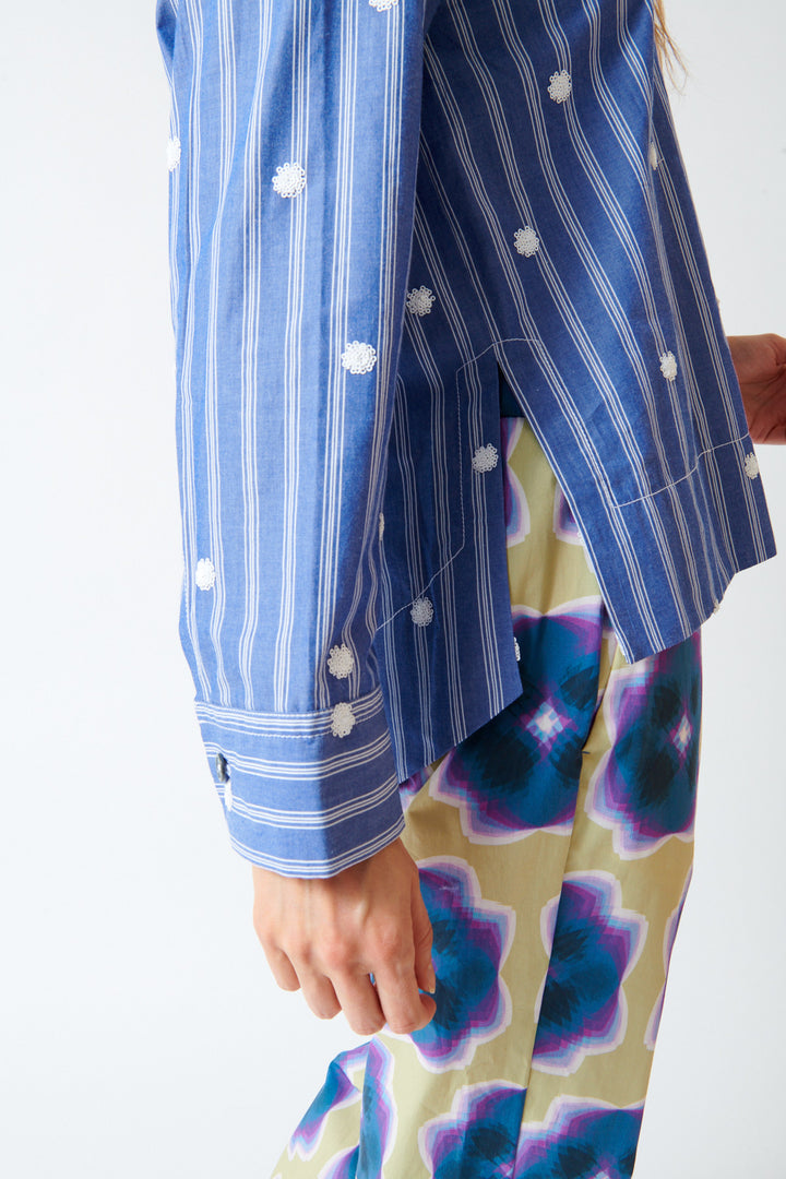 Mari wearing Odeeh Embroidered Stripe Shirt side/detail view