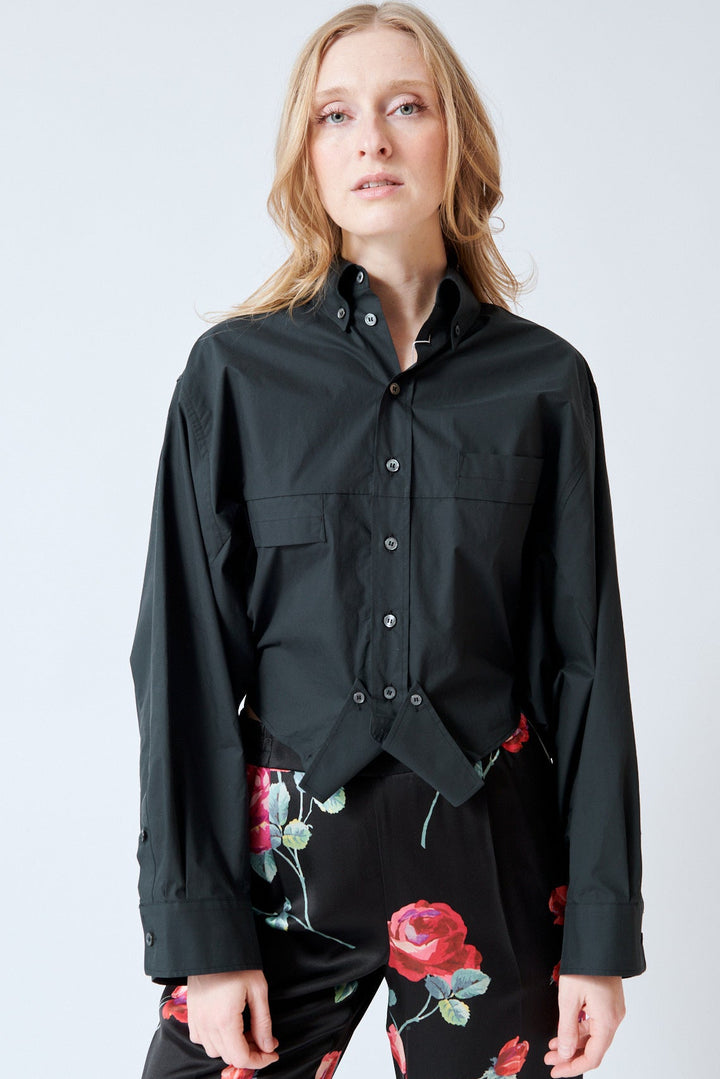 Madi wearing MM6 Maison Margiela Which Way Is Up Cotton Poplin Shirt front view