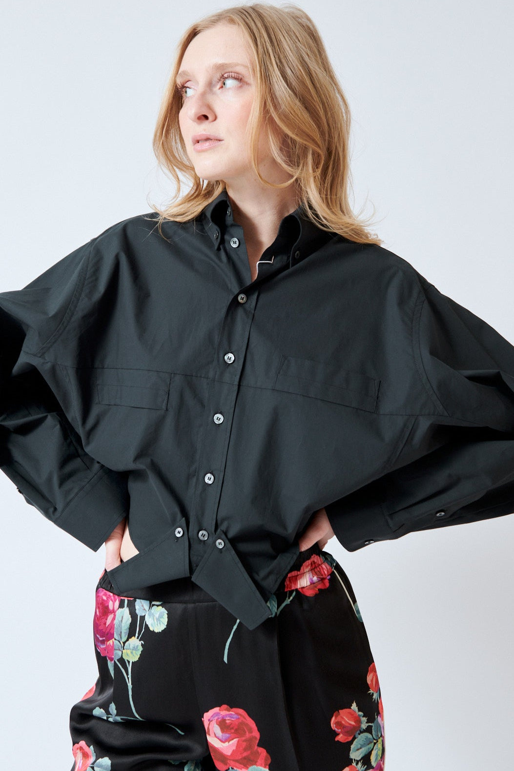 Madi wearing MM6 Maison Margiela Which Way Is Up Cotton Poplin Shirt fornt view