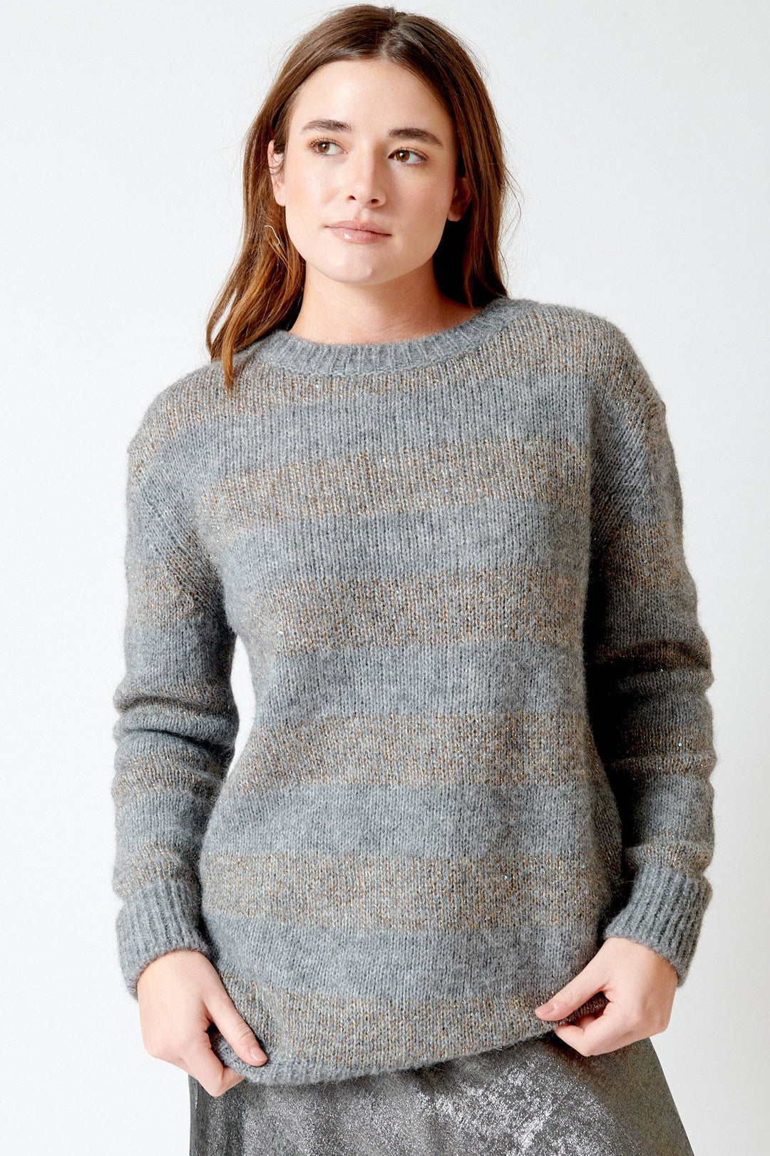 Julia wearing Herno Knitted Shimmer Sweater front view