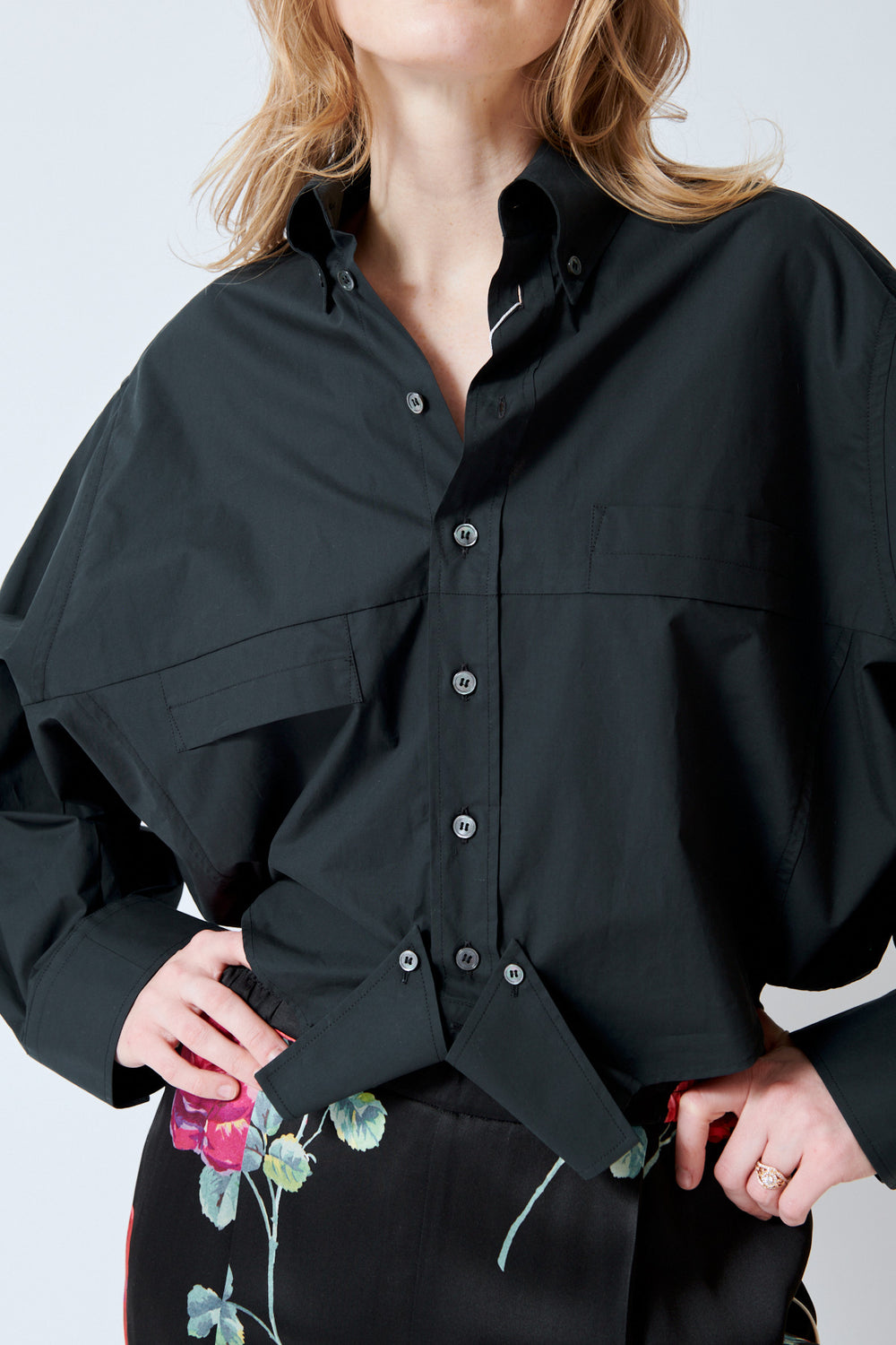 Madi wearing MM6 Maison Margiela Which Way Is Up Cotton Poplin Shirt fornt view