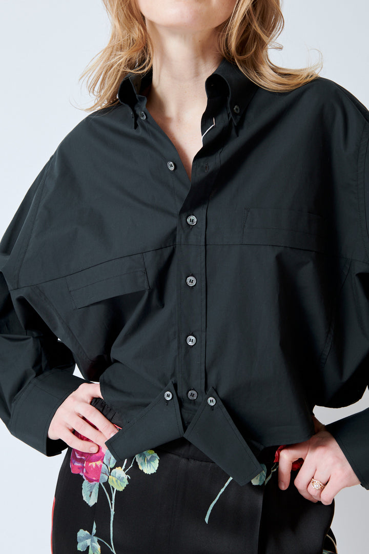 Madi wearing MM6 Maison Margiela Which Way Is Up Cotton Poplin Shirt fornt view