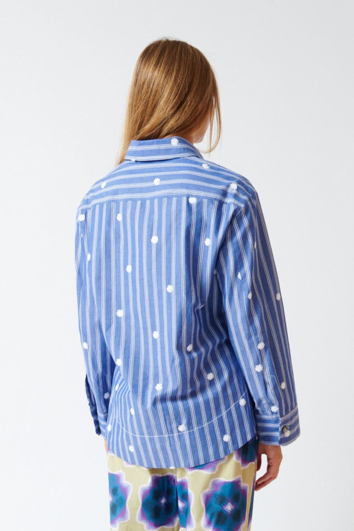 Mari wearing Odeeh Embroidered Stripe Shirt rear view