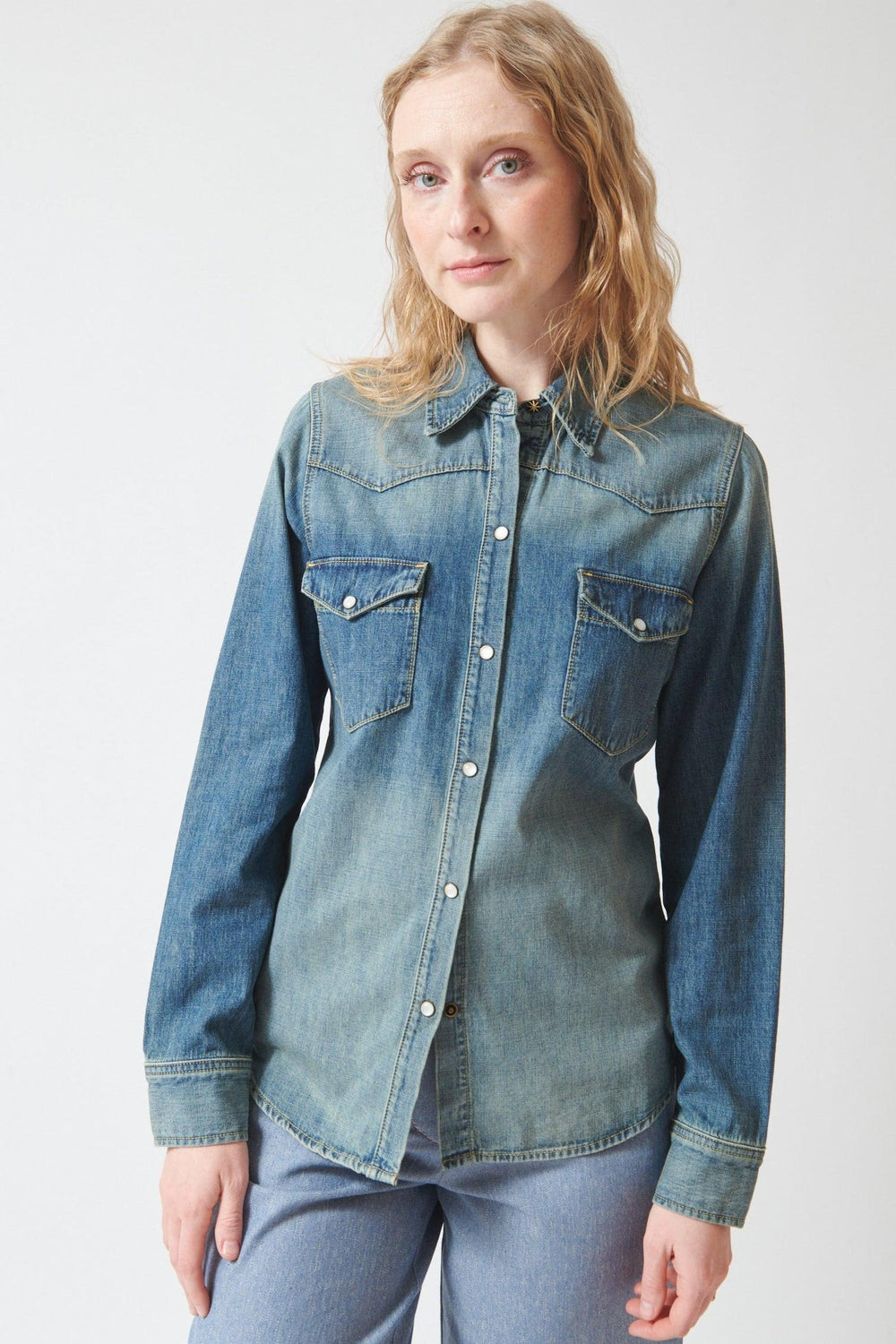 Madi wearing Nili Lotan Travis Shirt front view