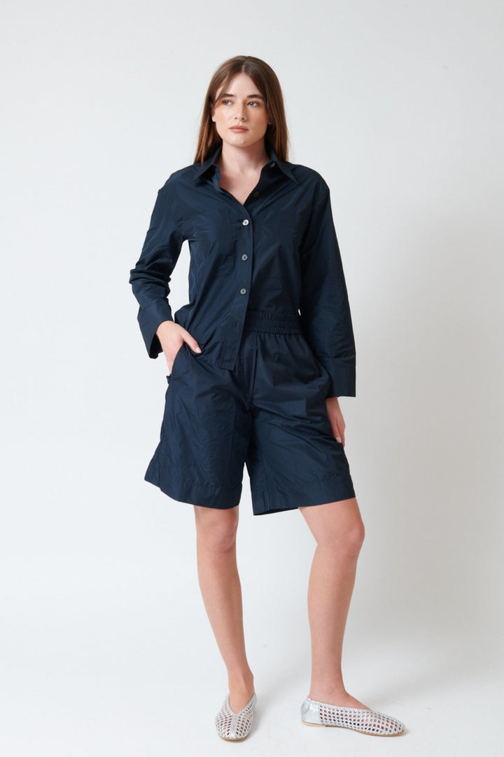 Julia wearing Odeeh Ultra Light Taffeta Shorts front view