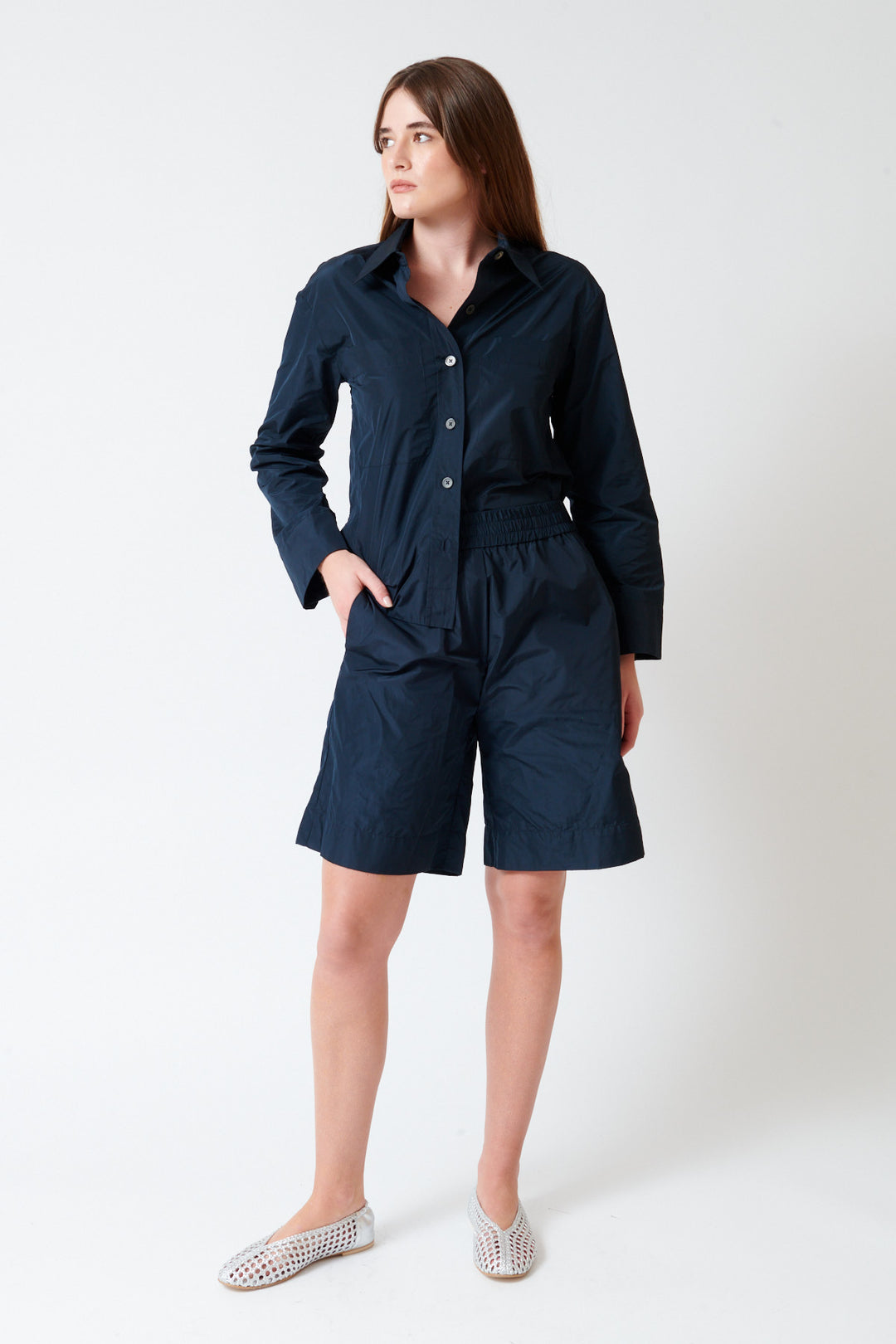 Julia wearing Odeeh Ultra Light Taffeta Shorts front view