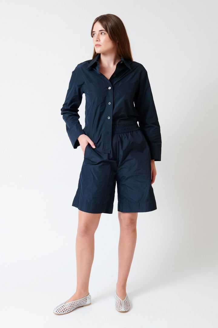 Julia wearing Odeeh Ultra Light Taffeta Shorts front view