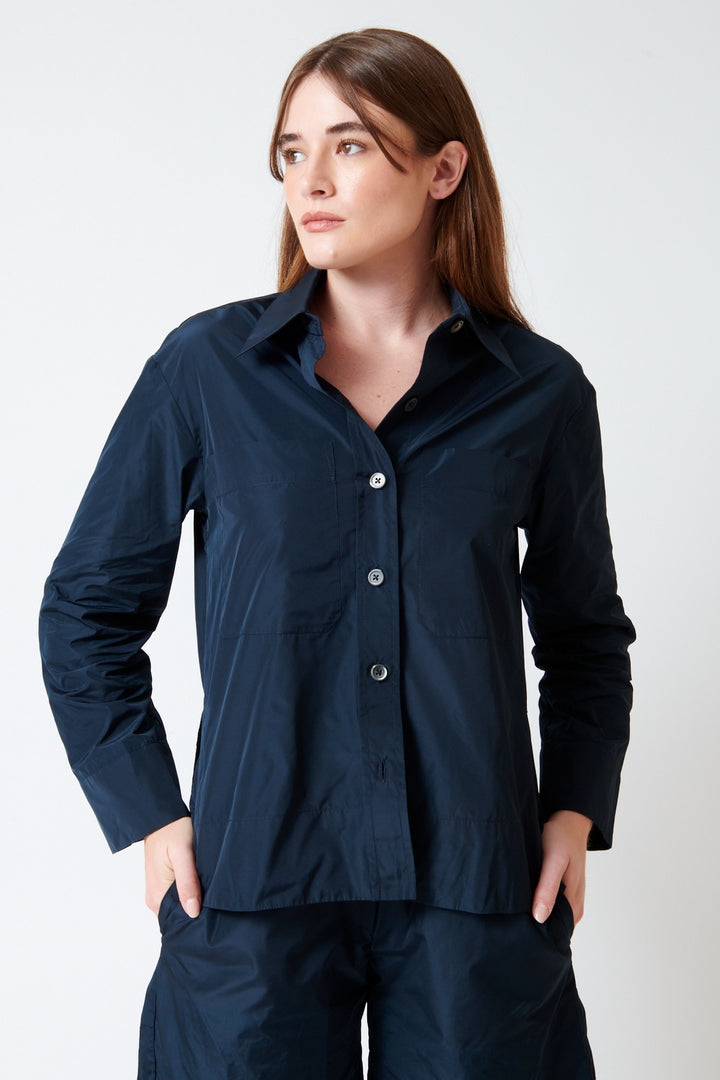 Julia wearing Odeeh Ultra Light Taffeta Shirt front view