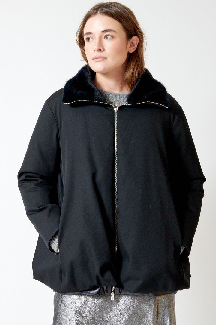 Julia wearing Herno Woven Half Coat With Faux Fur Collar And Full Insulated Lining front view