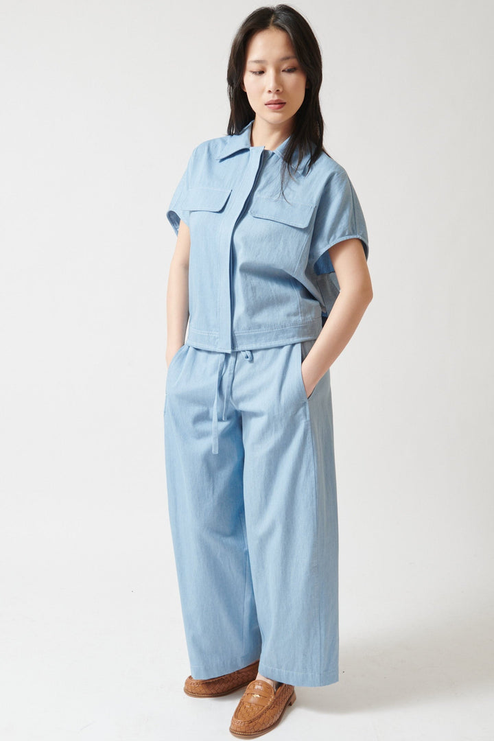 Lilly wearing Meimeij Wide Leg Drawstring Grethen Pant front view 