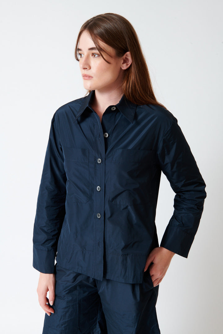 Julia wearing Odeeh Ultra Light Taffeta Shirt front view