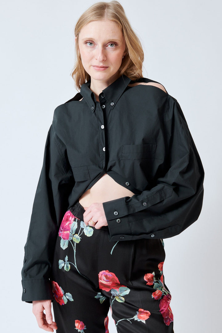 Madi wearing MM6 Maison Margiela Which Way Is Up Cotton Poplin Shirt front view