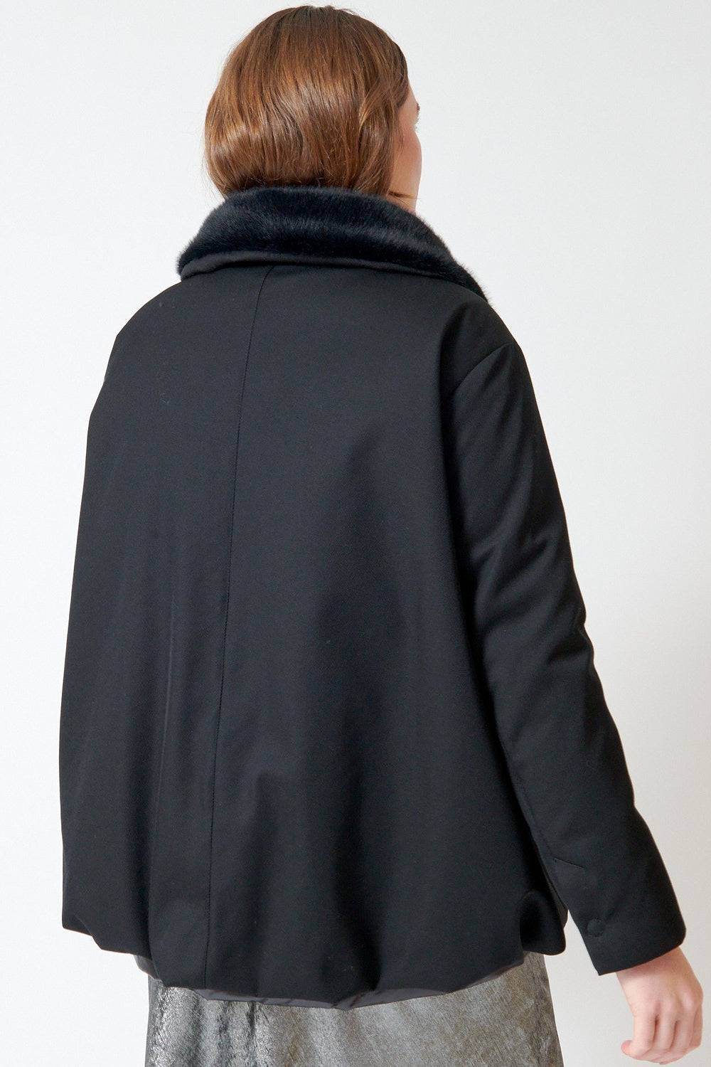 Julia wearing Herno Woven Half Coat With Faux Fur Collar And Full Insulated Lining rear view