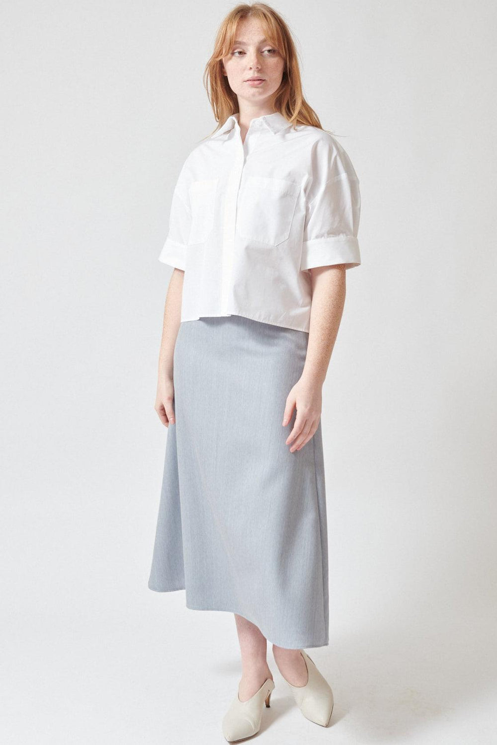 Waverly wearing TWP The A Line Skirt front view