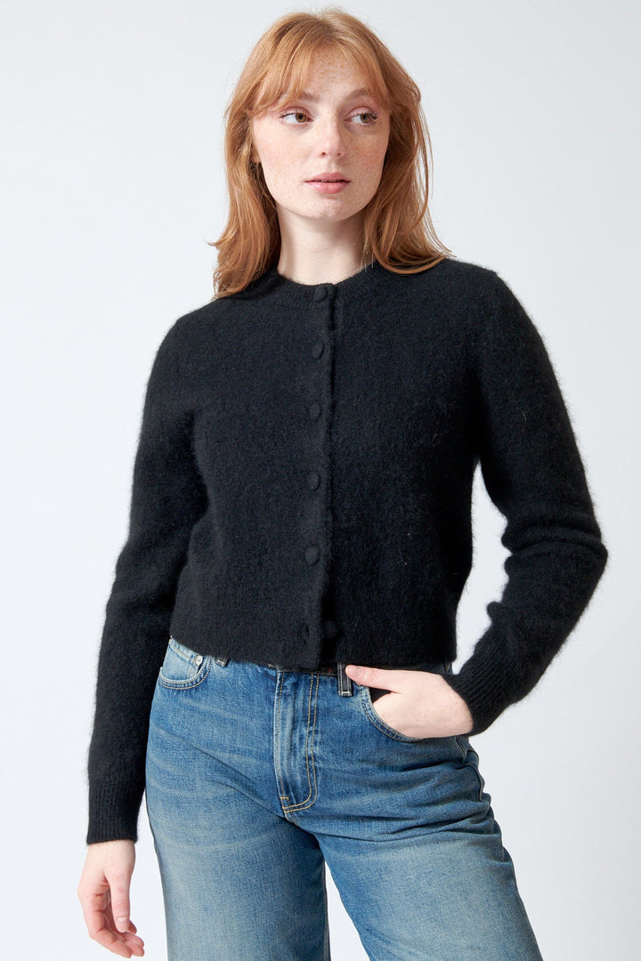 Waverly wearing White + Warren Brushed Cashmere Crewneck Cardigan front view