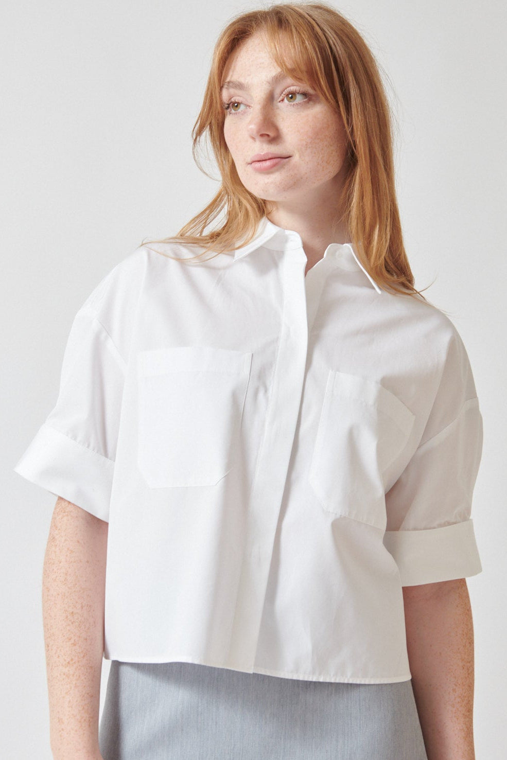 Waverly wearing TWP My Newest Mistake Shirt front view